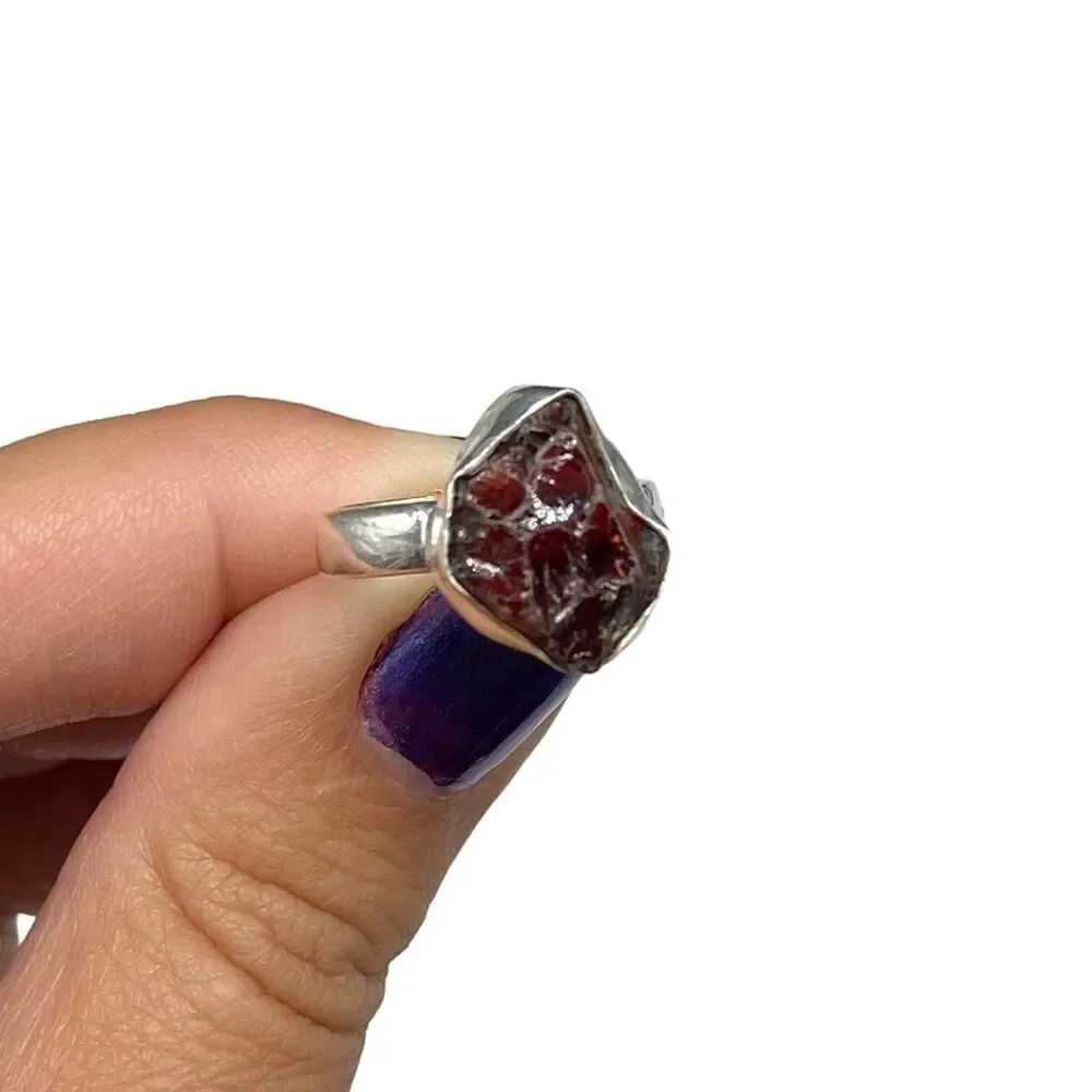 Garnet Ring Size 5.5 Solid Sterling Silver 925 Raw Rough Natural Stone